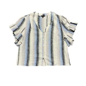 DREW Beverly Linen Blend Top Striped
Ruffle Sleeve Button Up Blouse‎ Size Large
